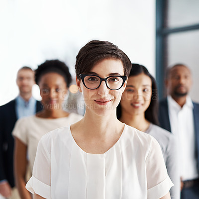 Buy stock photo Leader, manager and boss of a diverse team feeling motivated and confident with good support, trust and leadership in workplace. Portrait of a strong female entrepreneur with a positive mindset