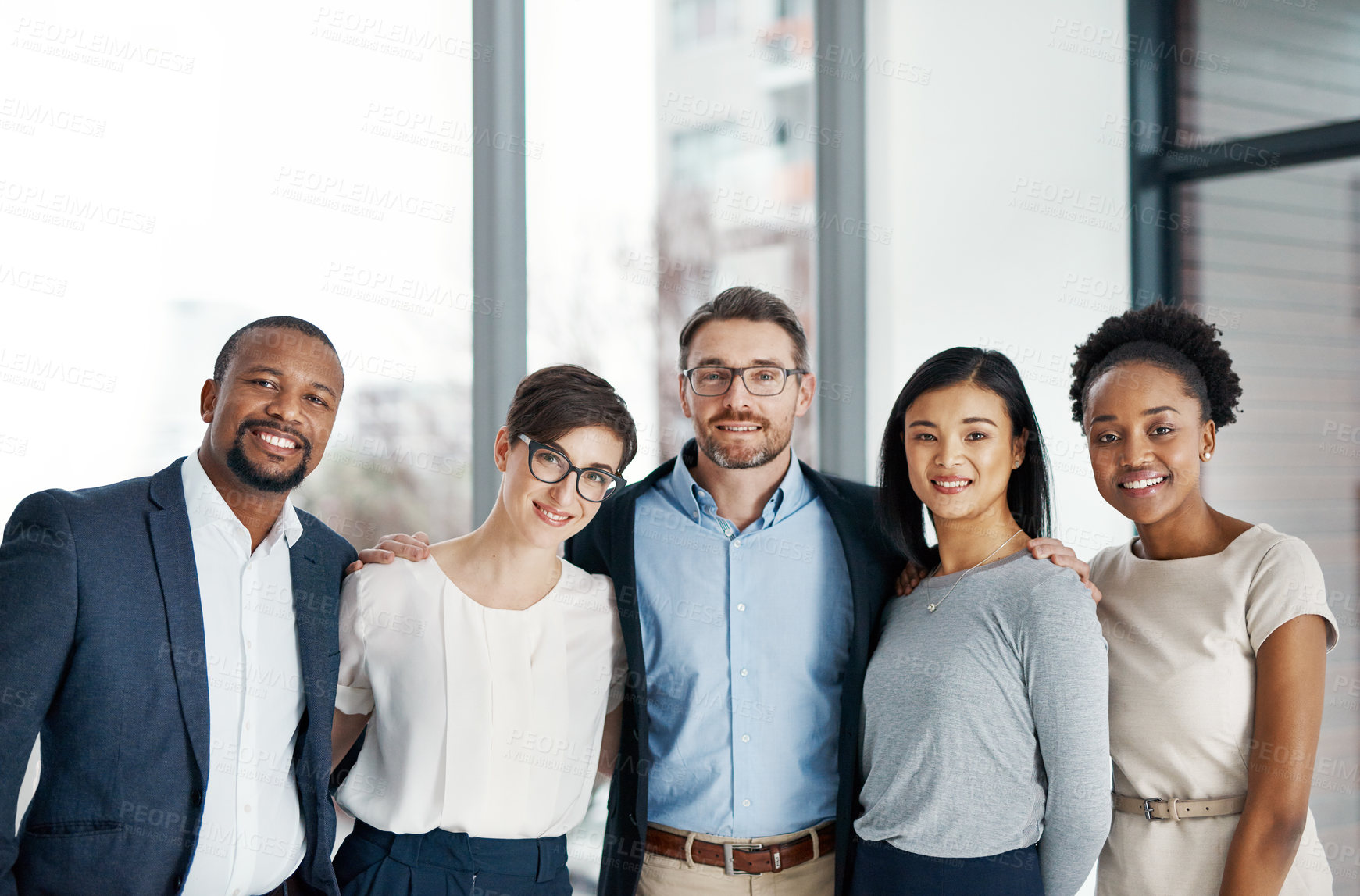 Buy stock photo People, employee and smile on portrait in office with pride for teamwork, collaboration and support. Diversity, business and happy with confidence on team building for company growth as accountant