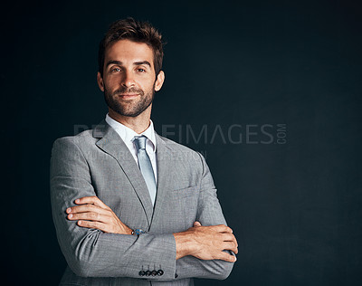 Buy stock photo Lawyer, portrait and confident businessman with crossed arms in studio for professional company. Attorney, career and corporate fashion on dark background for style, suit and male entrepreneur 