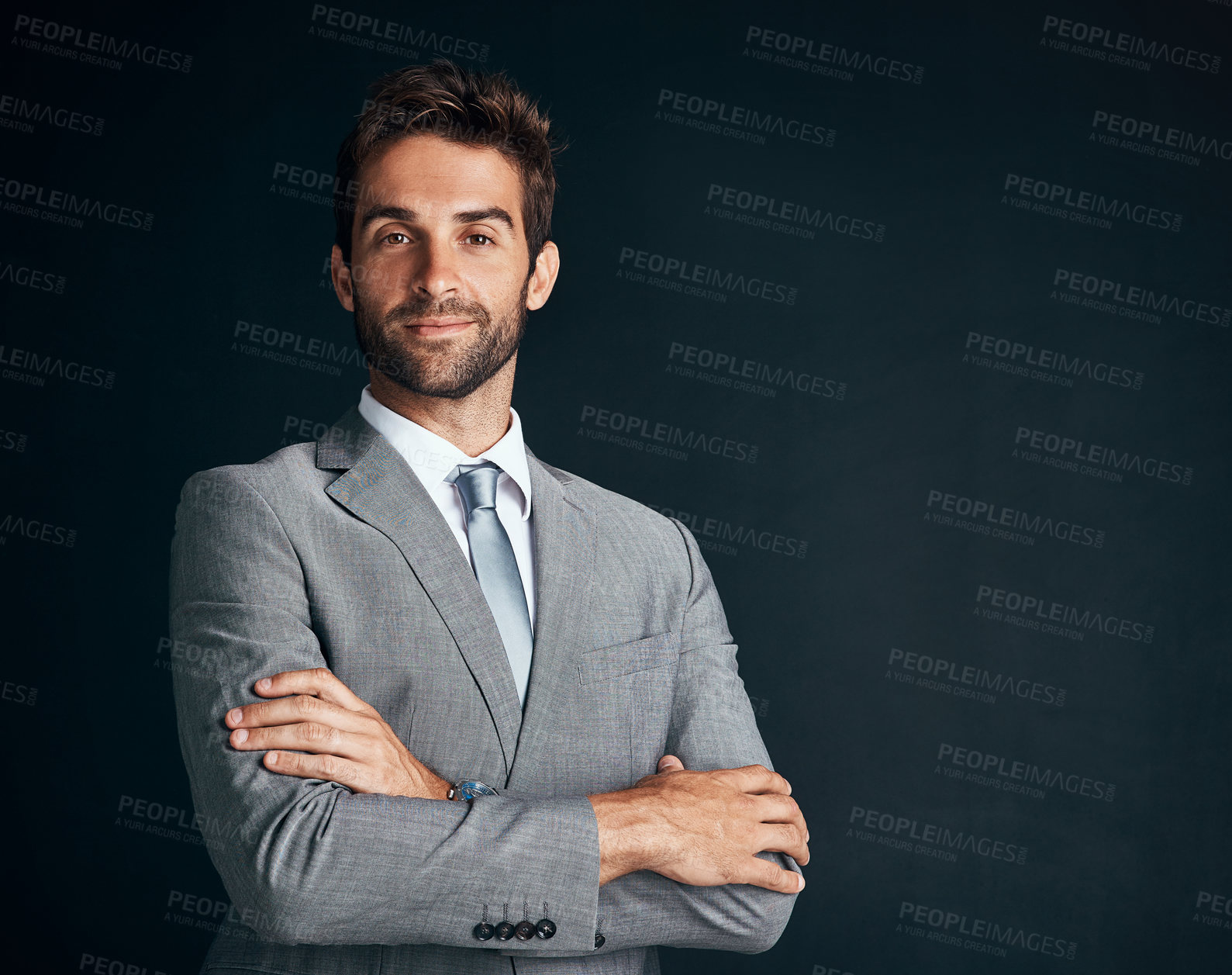 Buy stock photo Lawyer, portrait and confident businessman with crossed arms in studio for professional company. Attorney, career and corporate fashion on dark background for style, suit and male entrepreneur 