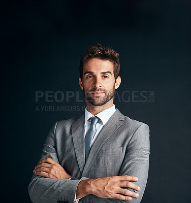 Buy stock photo Studio, portrait and proud business man, lawyer in corporate suit and professional advisor in law firm. Attorney, career and legal consultant or employee, serious and confident black background