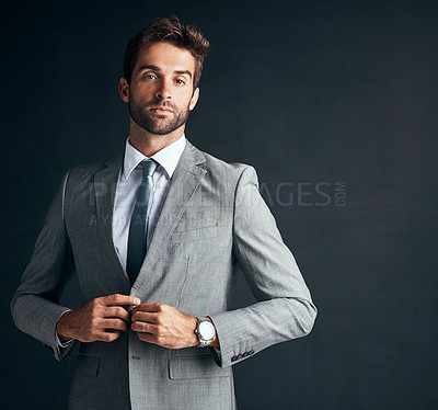 Buy stock photo Businessman, suit and portrait for corporate career,  professional style or business company. Profession, manager or formal or confident with success in organisation on dark background with mockup
