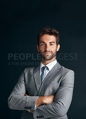 Buy stock photo Businessman, smile and portrait in studio with suit for corporate career or professional business company. Profession, manager or formal with ambition or confident in organisation on dark background