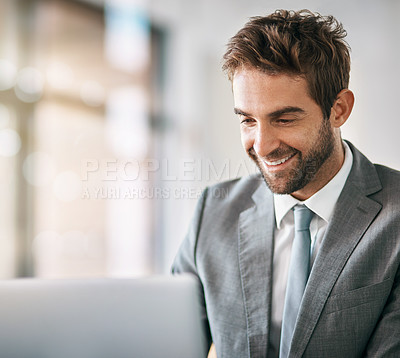 Buy stock photo Businessman, work and online with laptop in office for admin job as company finance manager or supervisor. Male employee, professional and happy for report or project, technology and corporate career