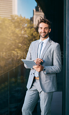 Buy stock photo Corporate, smile and portrait of businessman with tablet for networking, reading email or news. Lens flare, professional and person with technology for information, browsing internet or social media