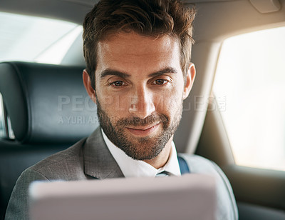 Buy stock photo Transport, smile and businessman with tablet for commute, morning meeting or travel to airport. Car, professional and male person with technology for networking, checking schedule or reading email