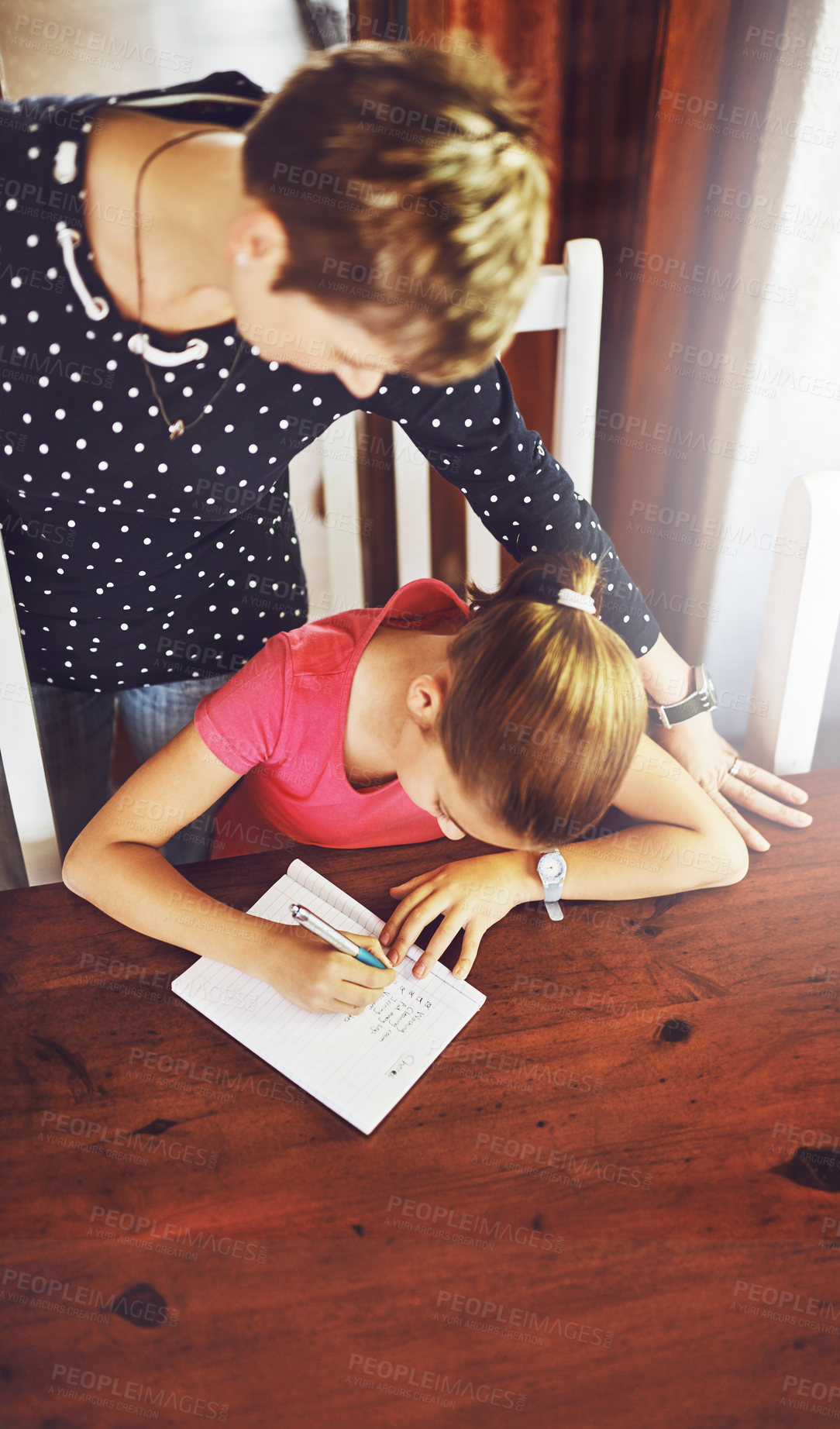 Buy stock photo Mother, child and top view of writing in home school for education, studying or list of chores. Above, mom and help kid learning, homework and teaching student on notebook for development of family