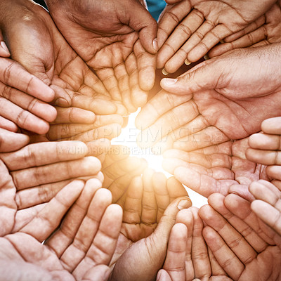 Buy stock photo Closeup, hands and teamwork with collaboration, partnership and charity with sun flare. Group, people or volunteers with sunshine, friends and goals with help, hope and community with support or palm