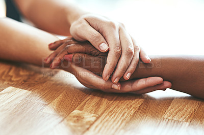 Buy stock photo Empathy, people and holding hands for support, help and comfort during grief, mourning and care for healing. Trust, friends and embrace for loss, mental health and to show love for hope or assurance