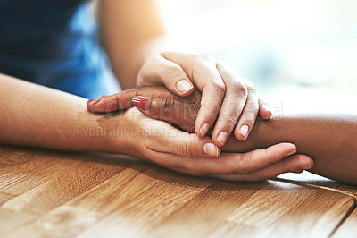 Buy stock photo Support, love and diversity with people holding hands for hope, trust and empathy. Faith, forgive and friends with a helping hand, respect and help through grief or consoling with connection