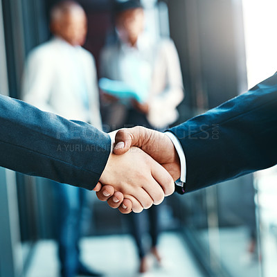 Buy stock photo Handshake, business people with agreement and support with networking, welcome and introduction. Hiring, recruitment and promotion, corporate team shaking hands and partnership with collaboration