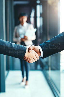 Buy stock photo Handshake, business people with agreement and support with collaboration, welcome and introduction. Hiring, recruitment and promotion, corporate team shaking hands and partnership with networking