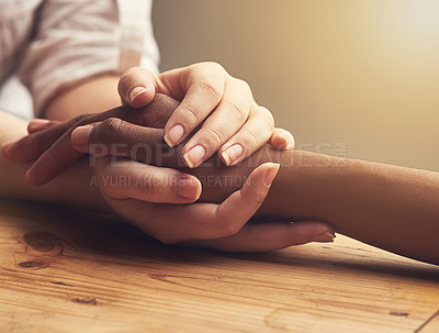 Buy stock photo Empathy, trust and support with people holding hands as friends in solidarity in cancer pain, grief or loss. Mental health, depression and love between friends during prayer together or faith in god