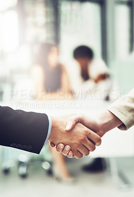 Buy stock photo Collaboration, greeting and business people shaking hands in office after a meeting or interview. Partnership, team and closeup of corporate employees with handshake for deal or welcome in workplace.