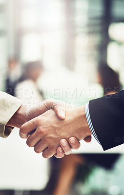 Buy stock photo Partnership, welcome and team shaking hands in office after corporate meeting or interview. Collaboration, deal and closeup of business people with handshake for greeting or introduction in workplace