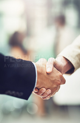 Buy stock photo Partnership, deal and business people shaking hands in office after a meeting or interview. Collaboration, team and closeup of corporate employees with handshake for greeting or welcome in workplace.
