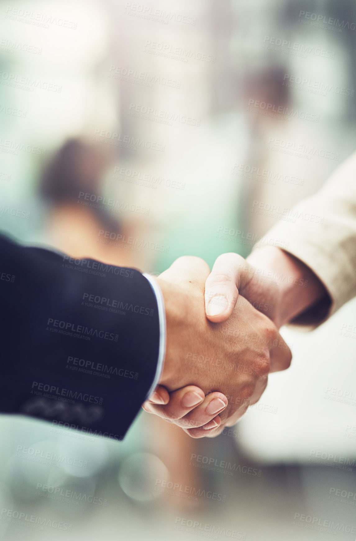 Buy stock photo Partnership, deal and business people shaking hands in office after a meeting or interview. Collaboration, team and closeup of corporate employees with handshake for greeting or welcome in workplace.