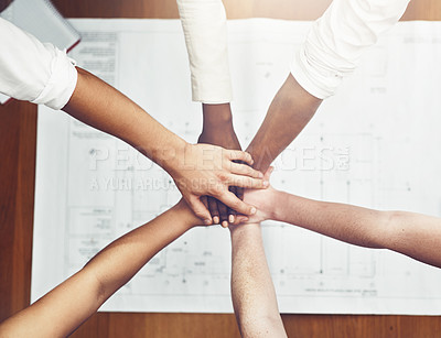 Buy stock photo Hands stack, teamwork and architecture planning with blueprint for design meeting, collaboration or about us. Top view of people together, unity and motivation for engineering project by floor plan