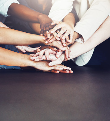 Buy stock photo Hands stack, teamwork and group with support, collaboration and motivation for startup project. Creative employees or staff with together, unity and cooperation for planning, helping and about us