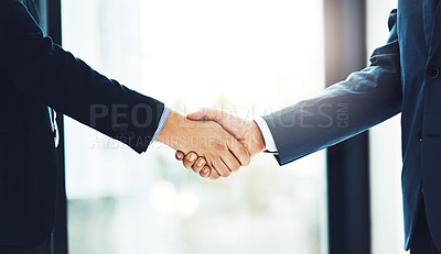 Buy stock photo Business people, handshake and partnership in meeting for b2b deal, agreement or collaboration in office. Above view, professional and men shaking hands for greeting, introduction or thank you