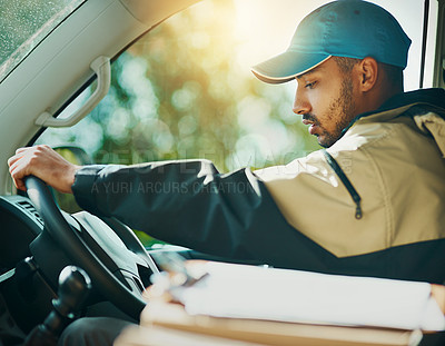 Buy stock photo Driving, delivery and box with man in van for courier, logistics and shipping. Ecommerce, export and distribution service with male postman in vehicle for mail, package and cargo shipment