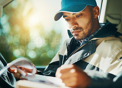 Buy stock photo Writing, delivery and checklist with man in van for courier, logistics and shipping. Ecommerce, export and distribution with male postman in vehicle for mail, package and cargo shipment