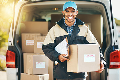 Buy stock photo Portrait, delivery and checklist with man and box for courier, logistics and shipping service. Ecommerce, export and freight distribution with postman in vehicle for mail, package and cargo shipment