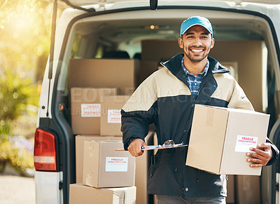 Buy stock photo Smile, delivery and box with portrait of man at van for courier, logistics and shipping. Ecommerce, export and distribution with male postman in vehicle for mail, package and cargo shipment