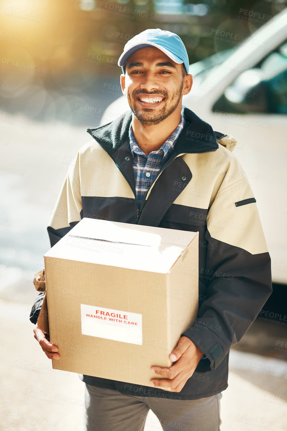 Buy stock photo Happy, man or courier with cardboard boxes in portrait for shipping, transportation and supply chain. Male person, mail services and parcel distribution or import of fragile cargo for house delivery