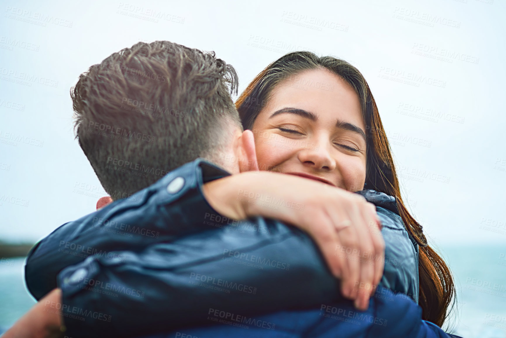 Buy stock photo Couple, happy and hug outdoor for love, bonding and relax with relationship, romance and date. Man, woman and embrace outside for care, support and connection with partner, fun and weekend together