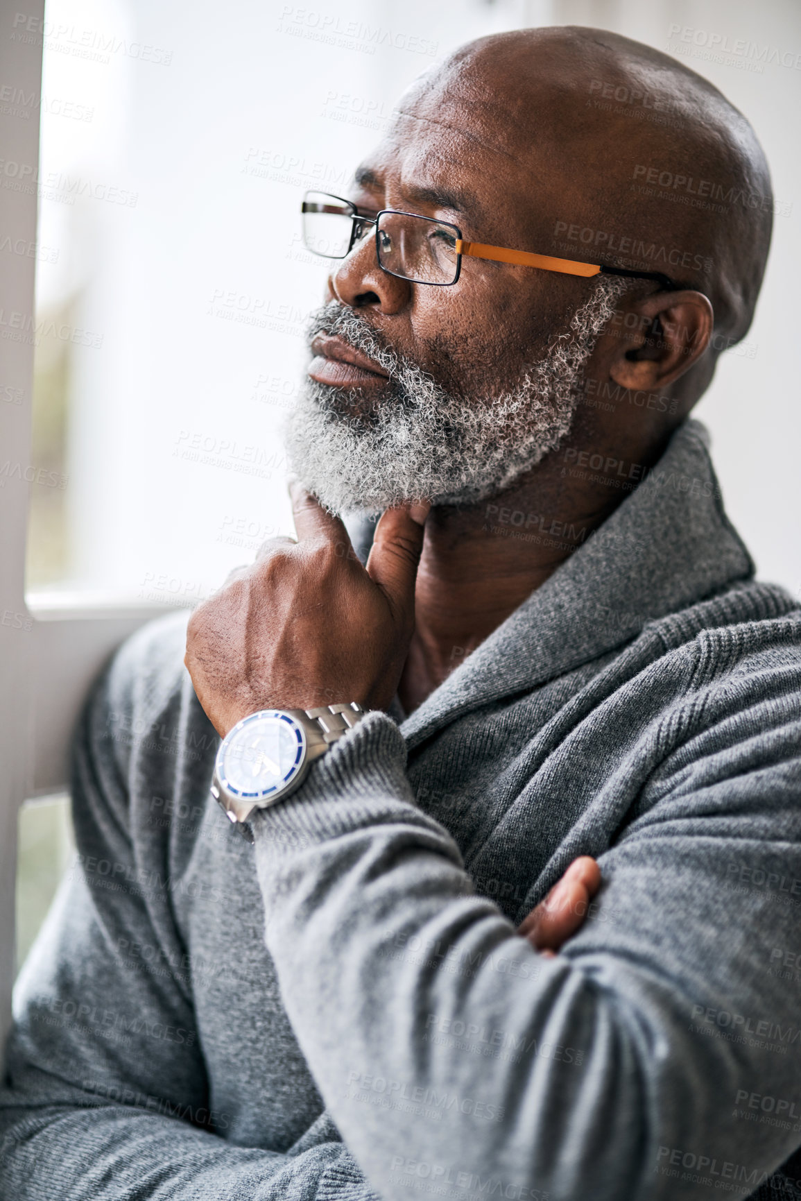 Buy stock photo Window, thinking and senior black man in a house with calm, reflection and memory in his home. Remember, nostalgic and elderly African person with idea, questions and retirement pride in living room