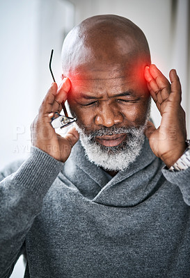 Buy stock photo Headache, red and senior man with migraine, mental health, retirement stress or mind problem in overlay. Memory, tired and sick or burnout african person massage temple, brain fog and healthcare risk