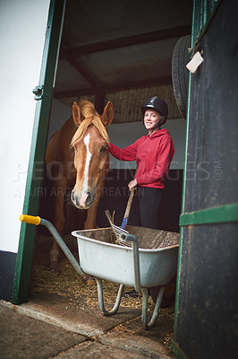 Buy stock photo Portrait, girl and horse with bonding, pride and affection for equestrian, care and training on farm. Female person, teenager and animal in support, love and happiness for sports, race or competition