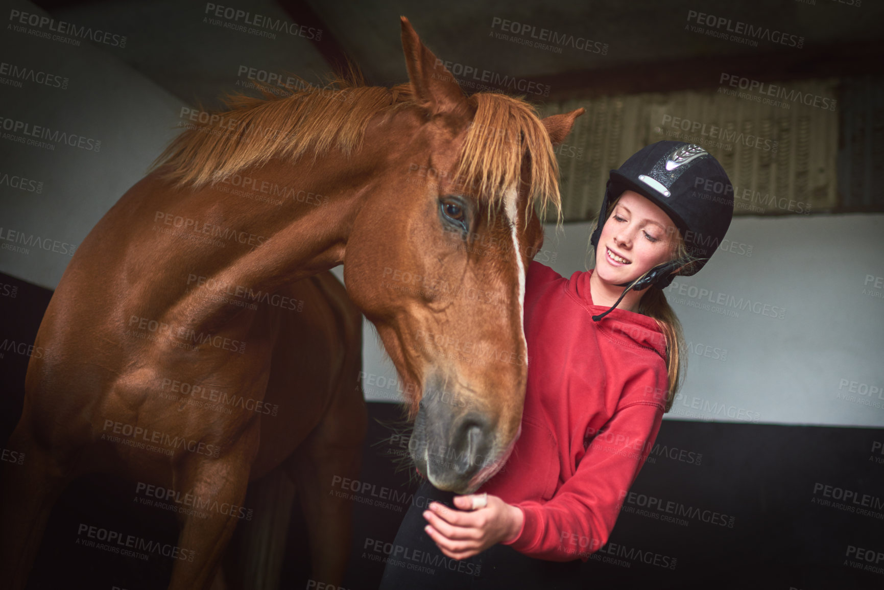 Buy stock photo Shot of a teenage girl bonding with her horse