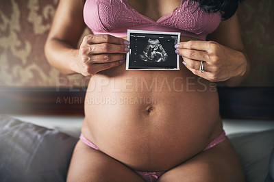 Buy stock photo Home, hands and pregnant woman with sonogram of ultrasound, progress or growth for baby development. House, female person and stomach with fetus scan for pregnancy, motherhood or wellness in lingerie