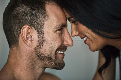 Buy stock photo Love, happy couple and forehead touch in bedroom for connection, support or intimacy in home. Man, woman and romance for commitment, loyalty or healthy relationship with partner in marriage together