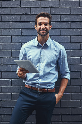 Buy stock photo Portrait, smile and business man on tablet on a wall background in Australia. Happy, digital technology and face of professional, entrepreneur or confident financial consultant on internet in city
