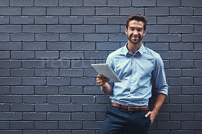 Buy stock photo Portrait, tablet and smile of business man on a wall background mockup space in city. Happy, digital tech and professional entrepreneur, employee and confident salesman working on internet in Canada