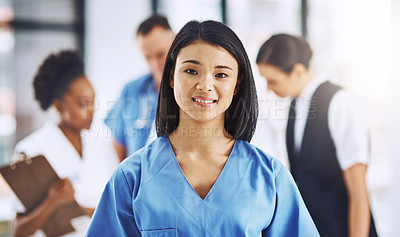 Buy stock photo Healthcare, smile and portrait of nurse in hospital for support, help and wellness in clinic. Health care, happiness and medicine, confident and Asian woman, face of medical professional or caregiver