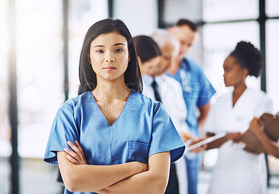 Buy stock photo Healthcare, confidence and portrait of nurse with arms crossed in hospital for support, career in medicine and care. Health, clinic and Asian woman caregiver, serious face of medical professional.