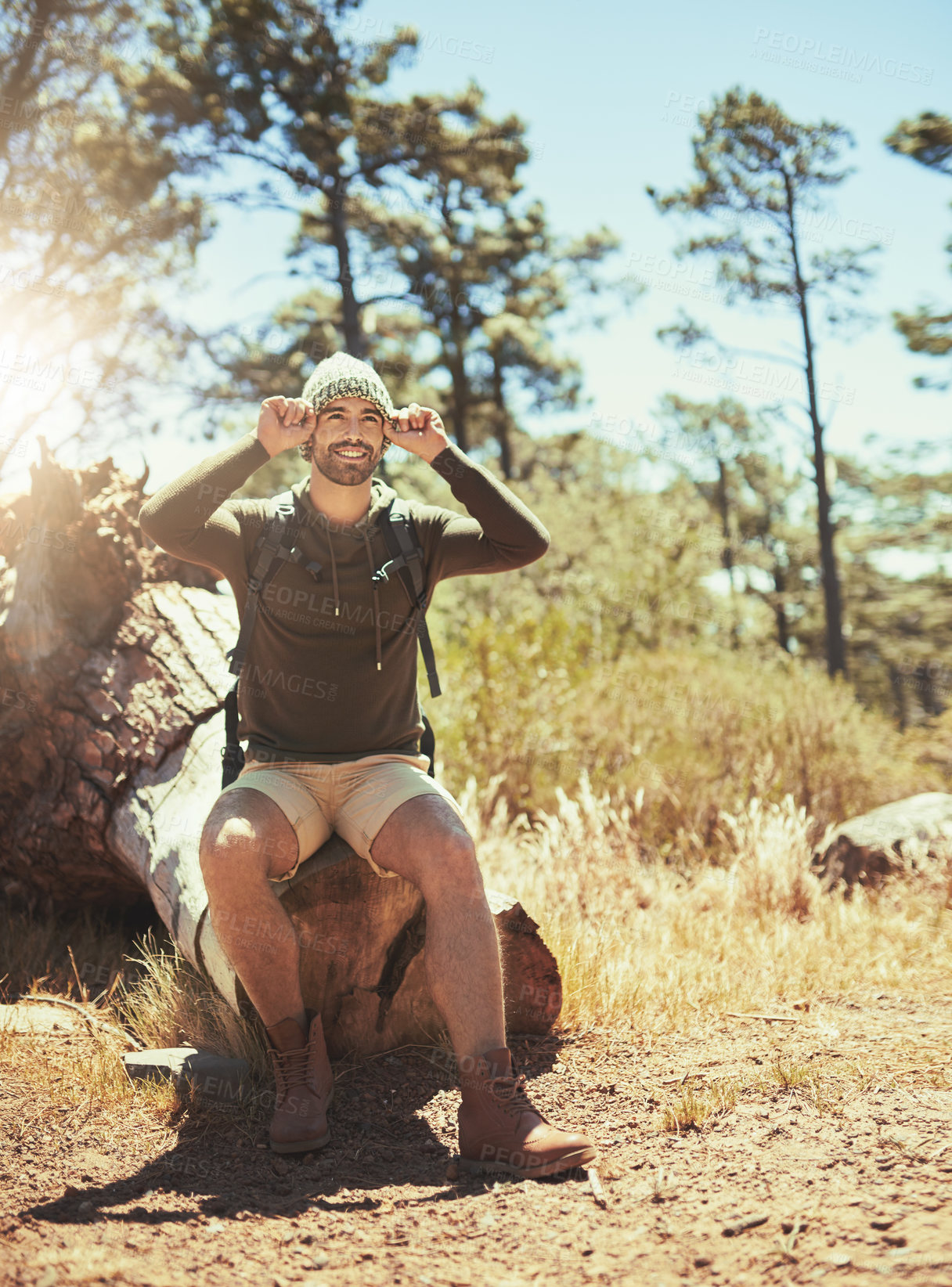 Buy stock photo Thinking, man and hiking for fitness outdoor of travel adventure, trekking location and nature sightseeing. Smile, male person and backpack for exercise plan, explore ideas and relax in morning woods