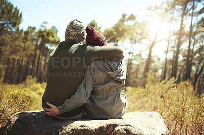 Buy stock photo Couple, back and hiking with hug outdoor with fitness adventure, travel location or romantic nature. People, embrace and support for cardio exercise, calm morning and bonding of forest view in summer