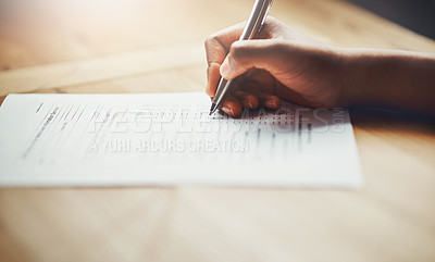 Buy stock photo Closeup of business hands of a person filling out paperwork. Hand of an individual writing test, information or survey on paper to complete application or contract form on the desk at work.