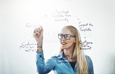 Buy stock photo Happy professional woman brainstorming and planning, thinking of marketing ideas while writing on a glass board at work. Smiling female organizing while researching a strategy and managing her tasks