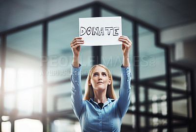 Buy stock photo Businesswoman, sign and donation with charity in office for awareness with volunteer for help with care. Crowdfunding, helping others or sympathy with non profit for fundraising in support of poverty