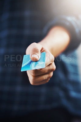 Buy stock photo Hand, credit card and payment for buying, e-commerce and financial investment. Retail, economy and customer paying for shopping, accounting and bills for cashless transactions and online banking
