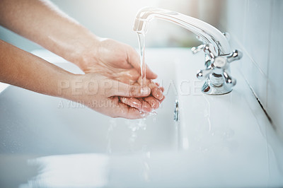 Buy stock photo Woman, clean and washing hand with water at home for wellness, cleaning and hygiene in sink. Wash, hands and skincare to remove bacteria for self care, disinfection, health and safety at a house. 