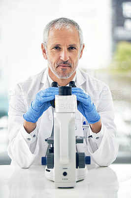 Buy stock photo Senior man, microscope and portrait of scientist in forensic science, breakthrough or discovery at laboratory. Serious male person, medical or healthcare professional in scientific research at a lab
