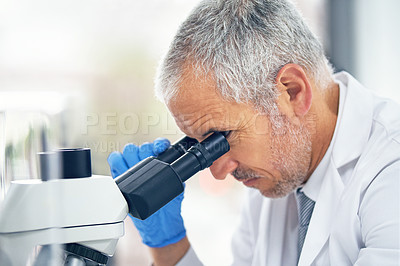 Buy stock photo Microscope, science and face of man in laboratory for research, medical analysis and biotechnology. Professor, scientist and microbiology investigation of molecule, dna test or development of vaccine