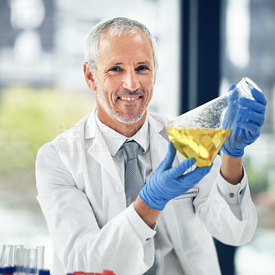 Buy stock photo Mature man, liquid or portrait of scientist in lab for science innovation, vaccine or antiaging medicine. Life extension, medical or proud biologist with chemistry in research or beaker experiment